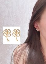 Dior Gold Tone CD Openwork Clover Rhinestone Stud Earrings - Image 10