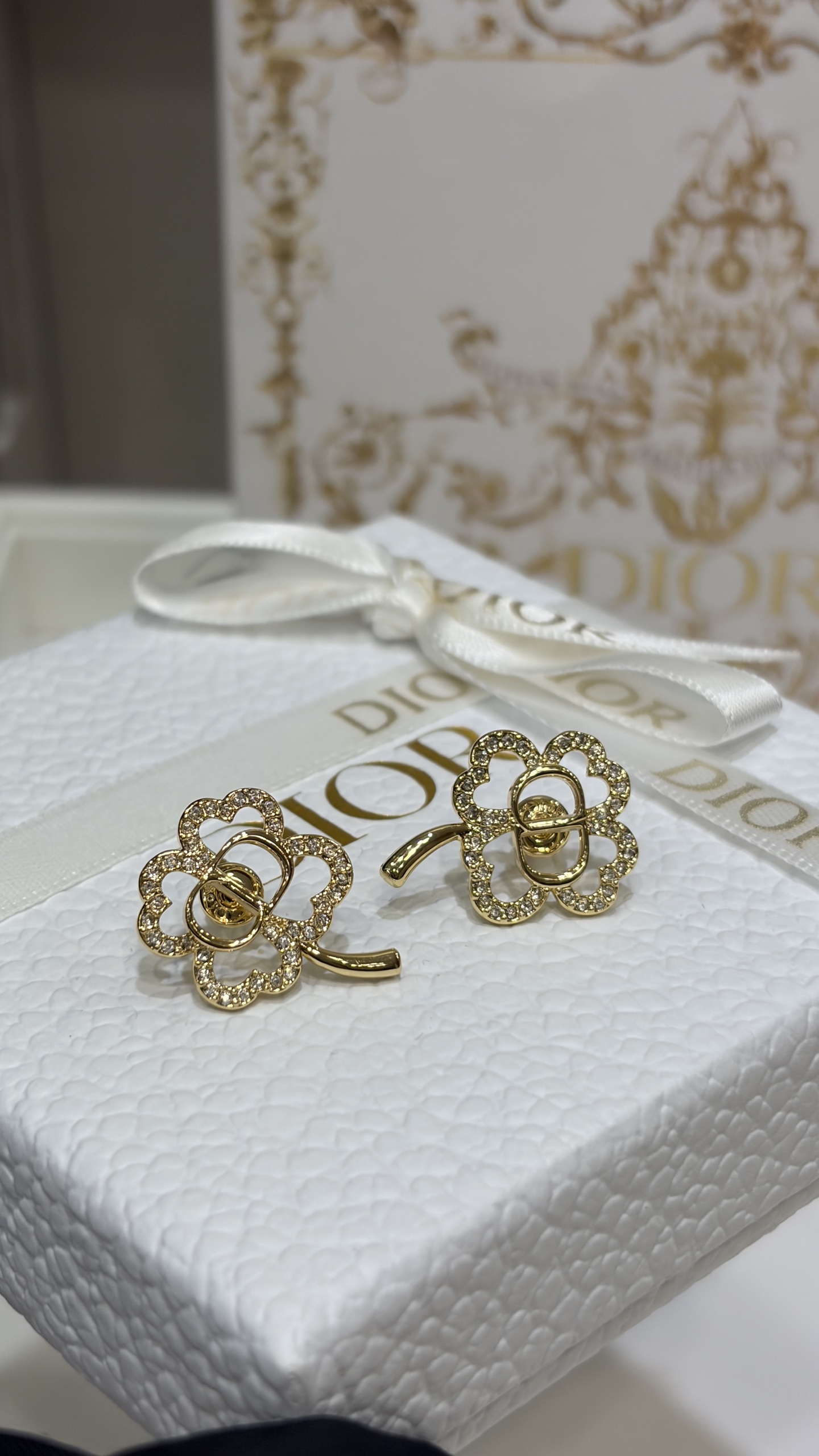 wsxc1789212932086_4 Dior Gold Tone CD Openwork Clover Rhinestone Stud Earrings - Image 1