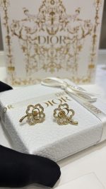 Dior Gold Tone CD Openwork Clover Rhinestone Stud Earrings - Image 4