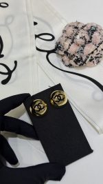 Chanel 26A new black enamel double C gold round hemispherical button earrings - Image 3