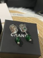 Chanel Vintage Green Bead & Clear Square Crystal Drop Earrings - Image 7