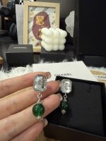 Chanel Vintage Green Bead & Clear Square Crystal Drop Earrings - Image 3