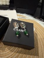Chanel Vintage Green Bead & Clear Square Crystal Drop Earrings - Image 2