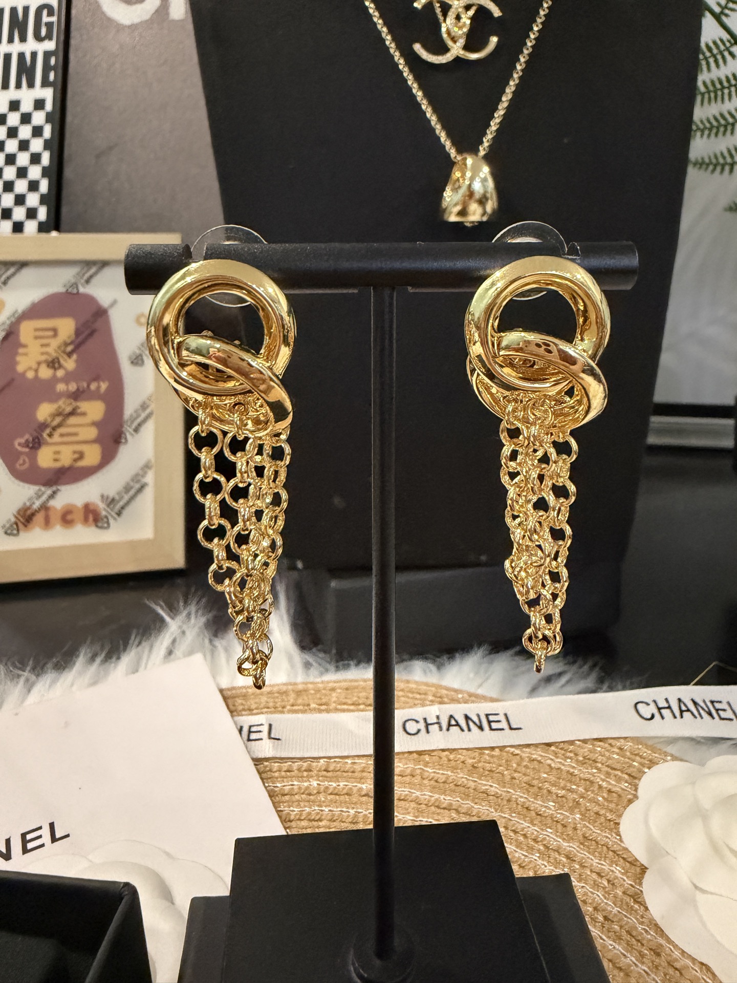 wsxc1789226375794_5 Chanel Gold Tone Twisted Double Ring Tassel Chain Drop Earrings - Image 1