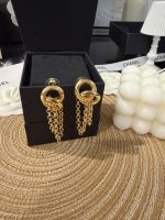 Chanel Gold Tone Twisted Double Ring Tassel Chain Drop Earrings - Image 2