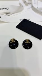Chanel New Round Resin Double C Stud Earrings , Black / White - Image 9