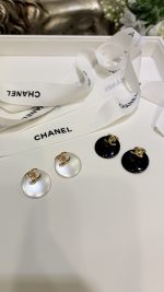 Chanel New Round Resin Double C Stud Earrings , Black / White