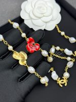 Chanel 26B Orchid Flower Petal Enamel Pearl Necklace, red / white - Image 4
