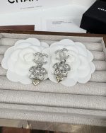 Chanel Silver-toned Wheat Rhinestone Light Gold-toned Heart Pendant Earrings - Image 6