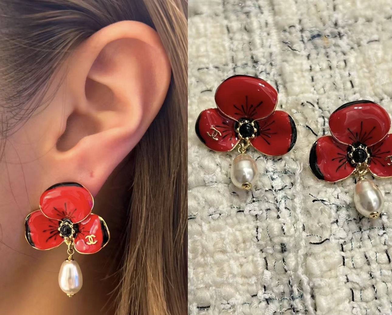 wsxc1789473292742_0 Chanel Flower Petal Teardrop Pearl Drop Earrings - Available in Red / White - Image 1