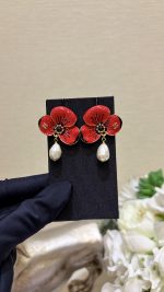 Chanel Flower Petal Teardrop Pearl Drop Earrings - Available in Red / White - Image 2