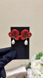 Chanel Flower Petal Teardrop Pearl Drop Earrings - Available in Red / White - Image 4