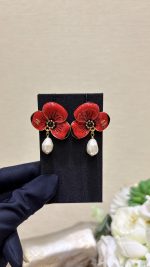 Chanel Flower Petal Teardrop Pearl Drop Earrings - Available in Red / White - Image 5