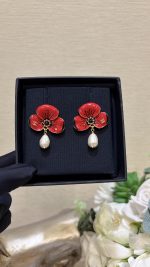 Chanel Flower Petal Teardrop Pearl Drop Earrings - Available in Red / White - Image 6