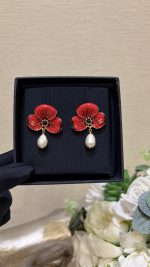 Chanel Flower Petal Teardrop Pearl Drop Earrings - Available in Red / White - Image 7