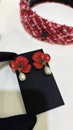 Chanel Flower Petal Teardrop Pearl Drop Earrings - Available in Red / White - Image 8