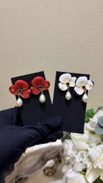 Chanel Flower Petal Teardrop Pearl Drop Earrings - Available in Red / White - Image 10