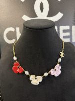 Chanel Red & White & Pink 3 colours Enamel Flower Petal Pearl Necklace