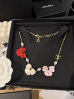 Chanel Red & White & Pink 3 colours Enamel Flower Petal Pearl Necklace - Image 6