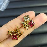 Gold Tone LV Loulougram Mismatched Stud Earrings with Colorful Rhinestone