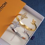 LV Monogram Flower Rhinestone Open Bangle - Gold Tone / Silver Tone - Image 7