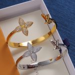 LV Monogram Flower Rhinestone Open Bangle - Gold Tone / Silver Tone