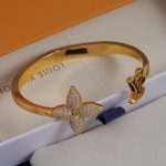 LV Monogram Flower Rhinestone Open Bangle - Gold Tone / Silver Tone - Image 2