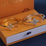 LV Monogram Flower Rhinestone Open Bangle - Gold Tone / Silver Tone - Image 3