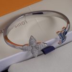LV Monogram Flower Rhinestone Open Bangle - Gold Tone / Silver Tone - Image 4