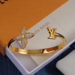 LV Monogram Flower Rhinestone Open Bangle - Gold Tone / Silver Tone - Image 6