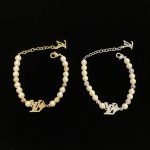 LV Crown Rhinestone Pendant with Cream Beads Bracelet