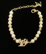 LV Crown Rhinestone Pendant with Cream Beads Bracelet - Image 2