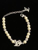LV Crown Rhinestone Pendant with Cream Beads Bracelet - Image 3