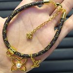 LV Monogram Leather Openwork Flower & Pearl Charm Bracelet - Image 2