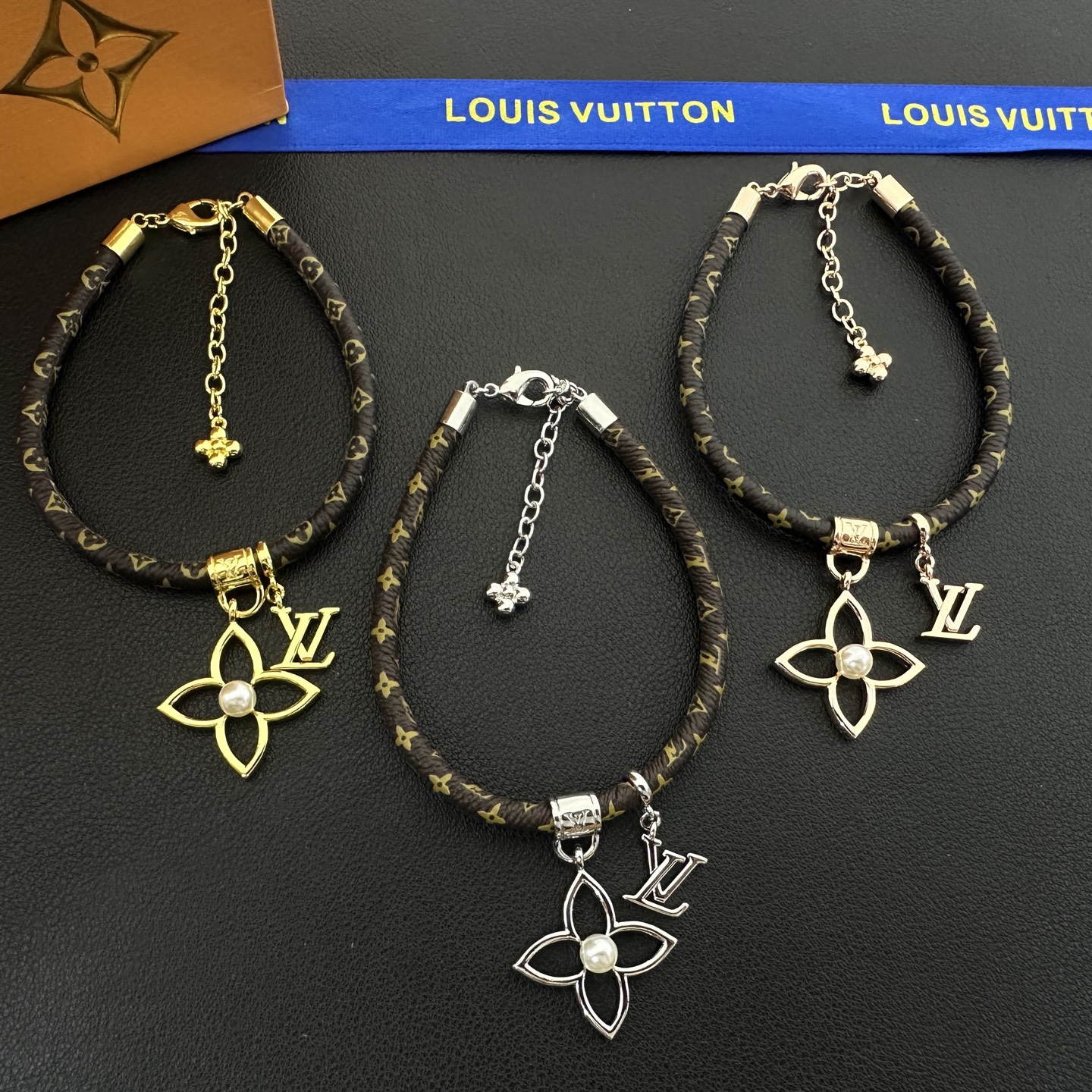 wsxc1789552129491_1 LV Monogram Leather Openwork Flower & Pearl Charm Bracelet - Image 1