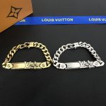 LV Link Bracelet: Vintage-Finish Plate with Embossed LV Logo & Monogram Flower, Gold/Silver Tone Curb Chain - Image 3