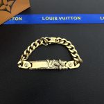 LV Link Bracelet: Vintage-Finish Plate with Embossed LV Logo & Monogram Flower, Gold/Silver Tone Curb Chain - Image 4