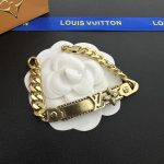 LV Link Bracelet: Vintage-Finish Plate with Embossed LV Logo & Monogram Flower, Gold/Silver Tone Curb Chain - Image 5