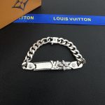 LV Link Bracelet: Vintage-Finish Plate with Embossed LV Logo & Monogram Flower, Gold/Silver Tone Curb Chain - Image 6