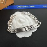 LV Link Bracelet: Vintage-Finish Plate with Embossed LV Logo & Monogram Flower, Gold/Silver Tone Curb Chain - Image 7