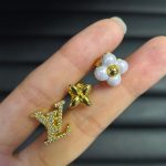 LV Stud Earrings, Paved Simulated Diamond Letter / Monogram Flower / Faux Pearl Petals, Gold/Silver Tone