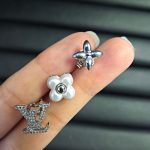 LV Stud Earrings, Paved Simulated Diamond Letter / Monogram Flower / Faux Pearl Petals, Gold/Silver Tone - Image 2
