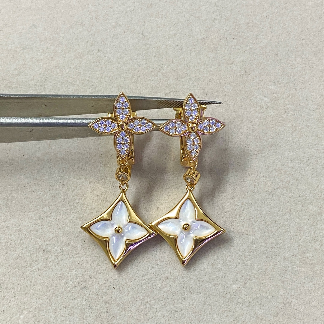 wsxc1789559046381_0 LV Paved Crystal Flower & White Mother-of-Pearl Drop Earrings - Image 1