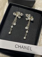 Chanel Clover Rhinestone Tassel Drop Earrings, Long Dangle Design