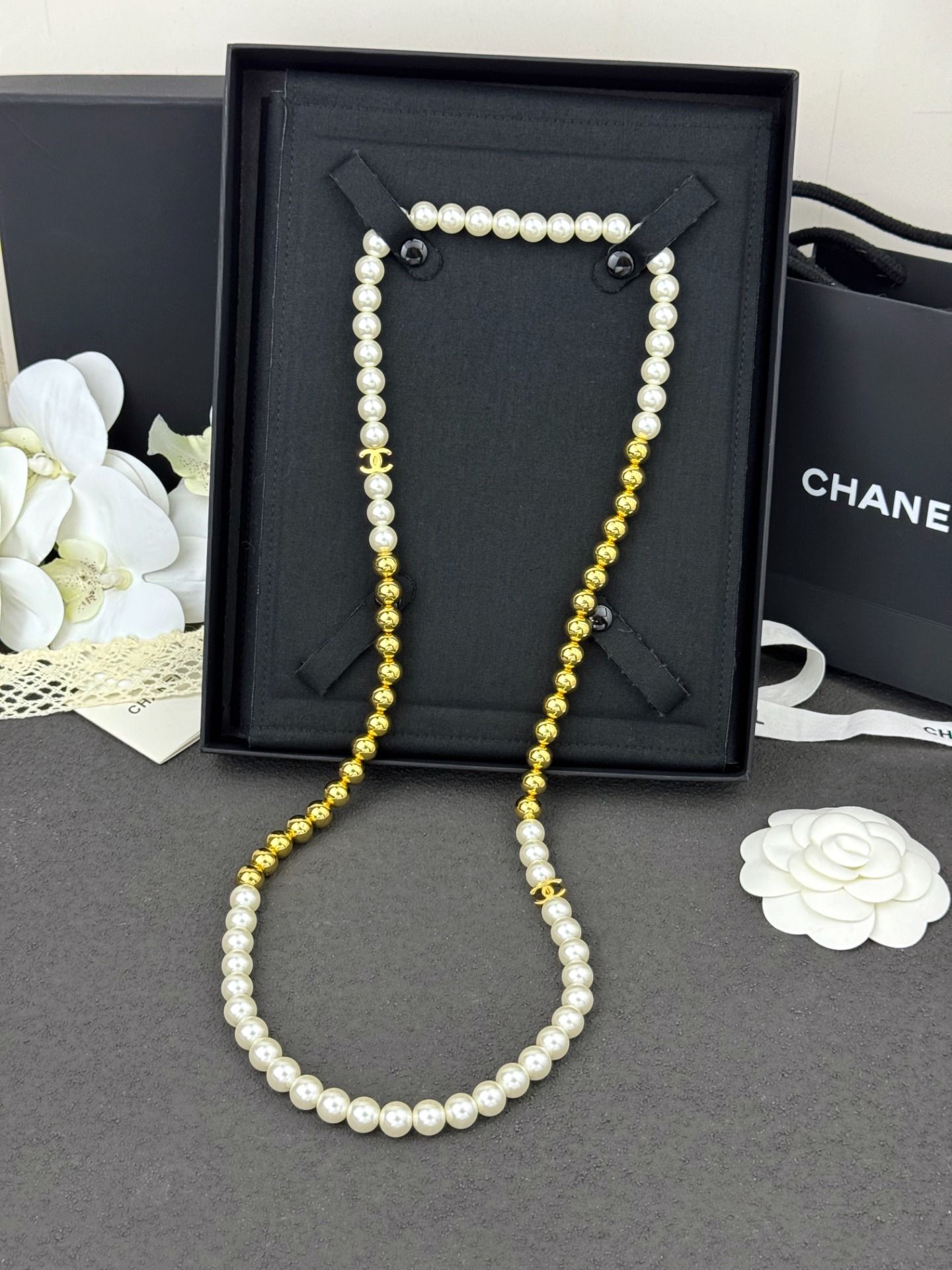 wsxc1789635579761_5 Chanel 26B Gold Bead & Faux Pearl Long Necklace, Sweater Chain Design - Image 1