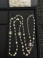 Chanel Brushed Metal Faux Pearl Long Sweater Chain Necklace,3 Pearl-Accents CC Charms - Image 7