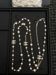 Chanel Brushed Metal Faux Pearl Long Sweater Chain Necklace,3 Pearl-Accents CC Charms