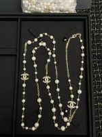 Chanel Brushed Metal Faux Pearl Long Sweater Chain Necklace,3 Pearl-Accents CC Charms