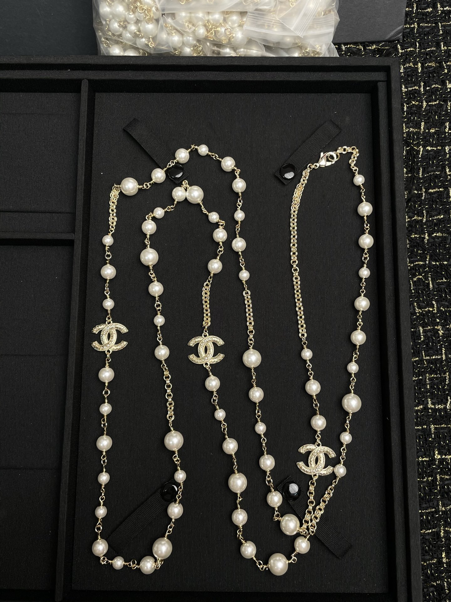 wsxc1789636517440_1 Chanel Brushed Metal Faux Pearl Long Sweater Chain Necklace,3 Pearl-Accents CC Charms - Image 1