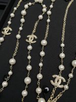 Chanel Brushed Metal Faux Pearl Long Sweater Chain Necklace,3 Pearl-Accents CC Charms - Image 2
